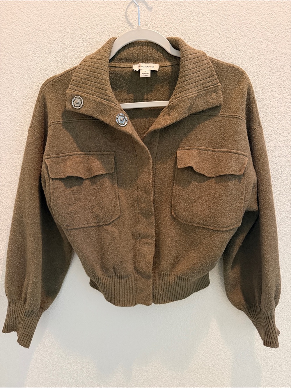 Cropped Olive Bomber Jacket with Patch Pockets
